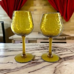 Vintage Pair (2) Light Amber Crackle Hand Blown Art Glass Wine Goblets 7 in.