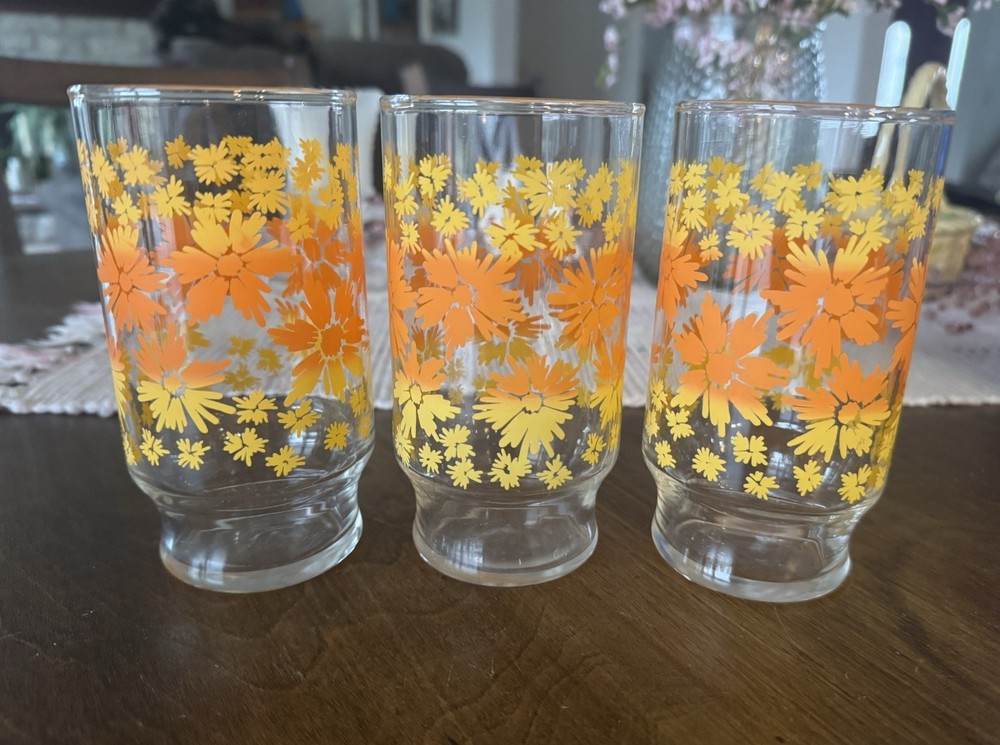 Set Of 3 Vintage MCM Orange Yellow Wildflower Water Glasses Tumblers 5.25”
