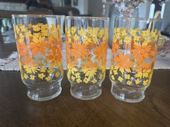 Set Of 3 Vintage MCM Orange Yellow Wildflower Water Glasses Tumblers 5.25”