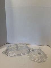 FOSTORIA 3 PART RELISH DISH & 3 TOED ROUND DISH SHIRLEY PATTERN