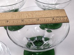 Six MCM Clear Tulip Etched Crystal Bowls W/Green Base Champagne Martini Glasses