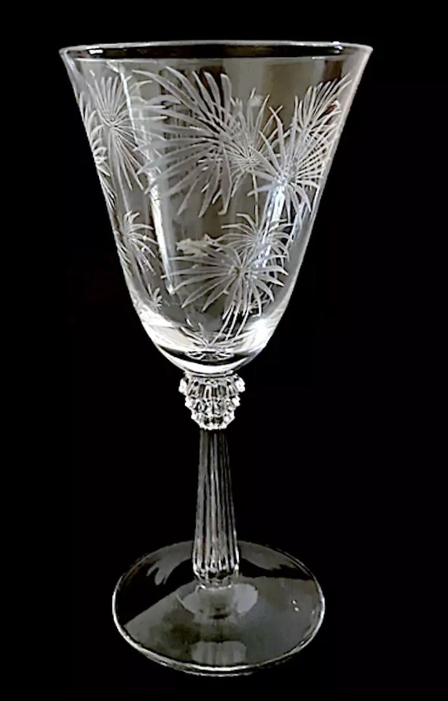 Set of 2 Fostoria Lido crystal water goblet scepter stem palm leaves etched