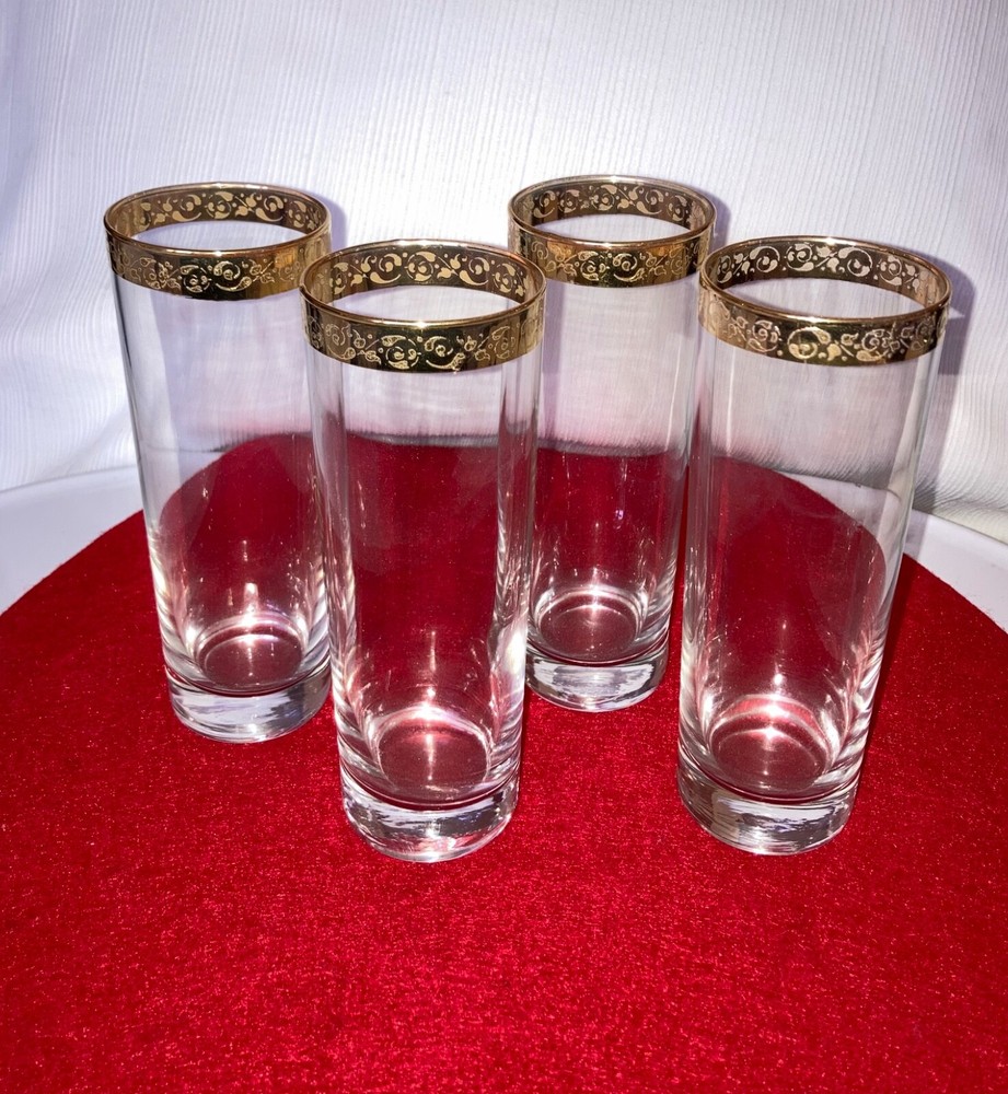 Set of 4 GOLD RIM Highball Glasses 6.5″ Vintage MCM Gold Band Excellent