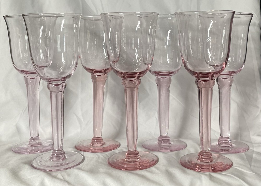 VTG Handblown Pink Glass Goblets Stemware – Set of 7 Tulip Wine Water Glasses