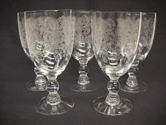 5 Vintage DUNCAN & MILLER «ROYAL LACE» CLEAR WATER GOBLETS-1-BALL STEMS-VG