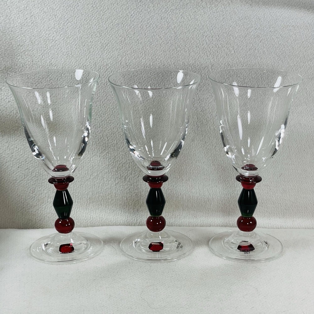 Mikasa Festive Kensington Wine Glasses Set 3 Crystal Red Green Stem New 8.5 Oz