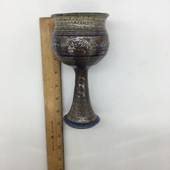 Art Pottery Goblet Hand Crafted Collectible Stoneware Wave Design Blue Accents