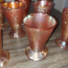 Vtg Set of 8 Carnival Glass Tumblers Marigold Orange Crackled Footed Juice Glass