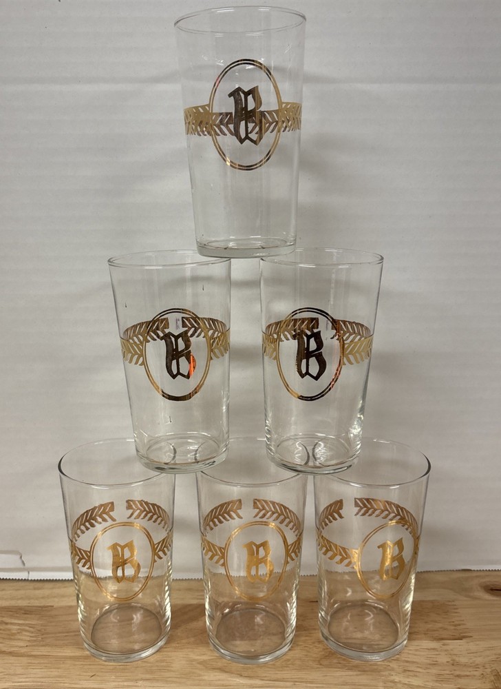 VTG Libbey Gold Laurel Leaf Monogrammed B Glasses Set of 6 MCM