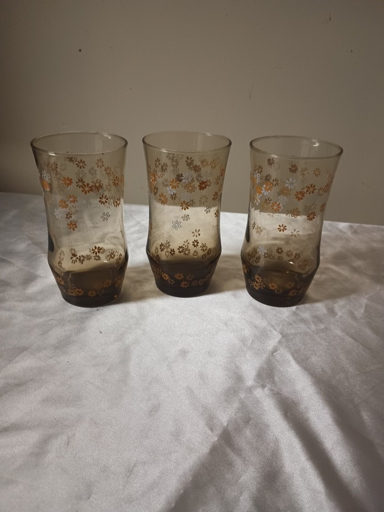 vintage Libbey strawflower Amber Small 12 oz Glasses 70s-80s Retro Set Of 3