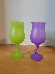 VTG Libbey Frosted Purple & Green Watusi Glasses Z Shape Stem.