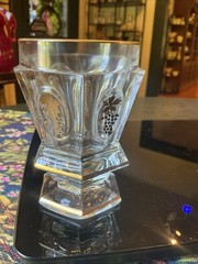 Antique Pair 4” Bohemian Czech Hexagonal Glass Goblets w/Gilded Grape & Vine