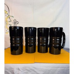 Set of 4 Tiara Glass Black Onyx Indiana Glass Mugs / Steins Ribbed Design~1970’s