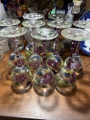 9 Pc Home Essentials Vintage Water Goblet Wine Glass Set Floral Hand Painted Lot