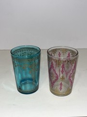 Two Vintage MCM Teal, Pink, Gold 6oz Embossed Juice Glass 4 Inch Moroccan