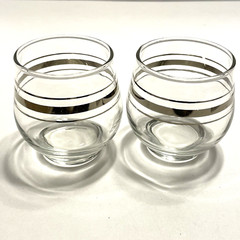 Pair of Vintage Mid Century Bar Beverage Glasses Silver Band Stripes