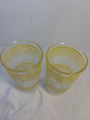 2 Vintage MCM Yellow/White Stripe Tumblers Juice Glasses 5 3/4” Barware