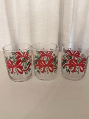 Vintage Libbey Christmas Glasses Set of 3 10oz Rocks Tumbler Red Bow Pine 4″