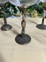 Rhinestone Jeweled Wine Glasses Set 5 Goblet Bronze Enamel Stem Bird & Leopard