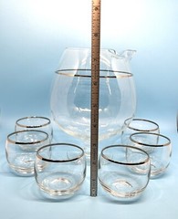 Set Of MCM Dorothy Thorpe Style Pitcher Decanter 6 Roly Poly Silver Trim Glasses