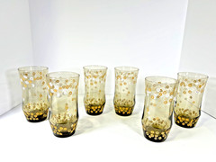 Retro Libbey Strawflower Amber Drinking Glasses Set of 6 VTG 1970s Crazy Daisy