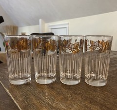 Vintage (Set of 4) Libbey Gold Leaf Vine and White Stripe Tumblers, MCM, 5”