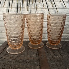 Set Of 3 VTG Pink Indiana Glass Whitehall Pattern Footed Tumblers 6” Peach Drink