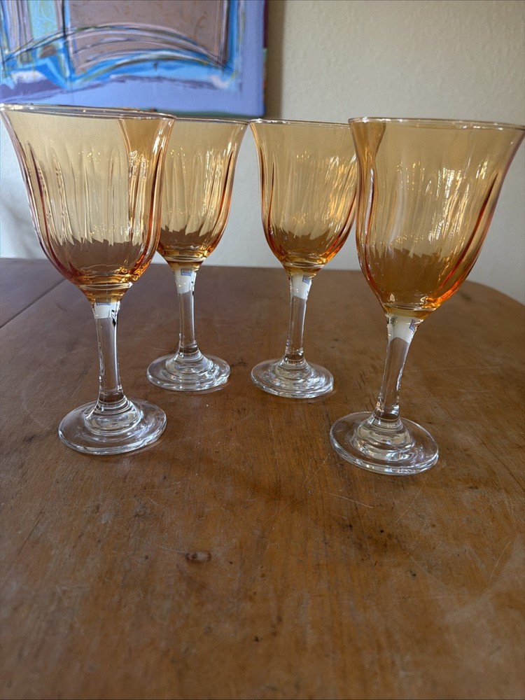 vintage amber marigold carnival glass goblets Fluted Set Of 4 Clear Stem Wine