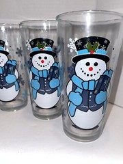 6 Vintage KIG Indonesia Snowman 6” 14 Oz Glasses Tumblers mint!