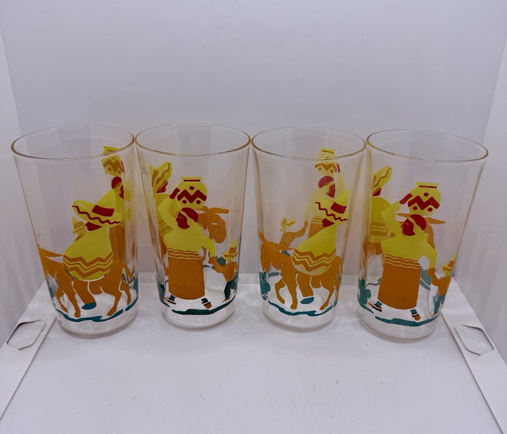 Taylor Smith Taylor Glasses Tumblers Southwestern Set Of 4 MCM 1950’s