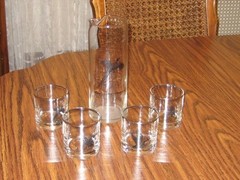 Vintage~ Set of 4~ Game Bird ~ Low Ball Whiskey Glasses ~Silver Rim & Pitcher~