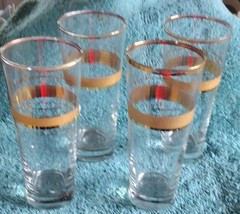 Set of 4 Vintage Clear Glass Tumbler Glasses with Decorative Gold Band