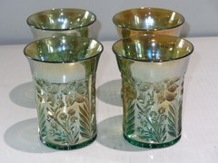 4 Antique Imperial Green Carnival Glass TIGER LILY Water Tumblers