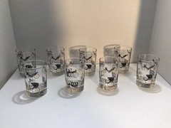 VINTAGE LIBBEY HORSELESS CARRIAGE BUGGY BARWARE DRINK GLASSES SET OF 8 1950’s