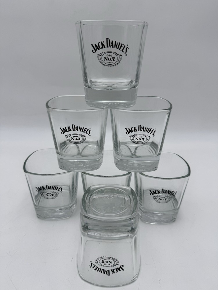 Jack Daniels Square Drinking Glasses Clear 4″ Lowball Whiskey Rocks Lot Of 7