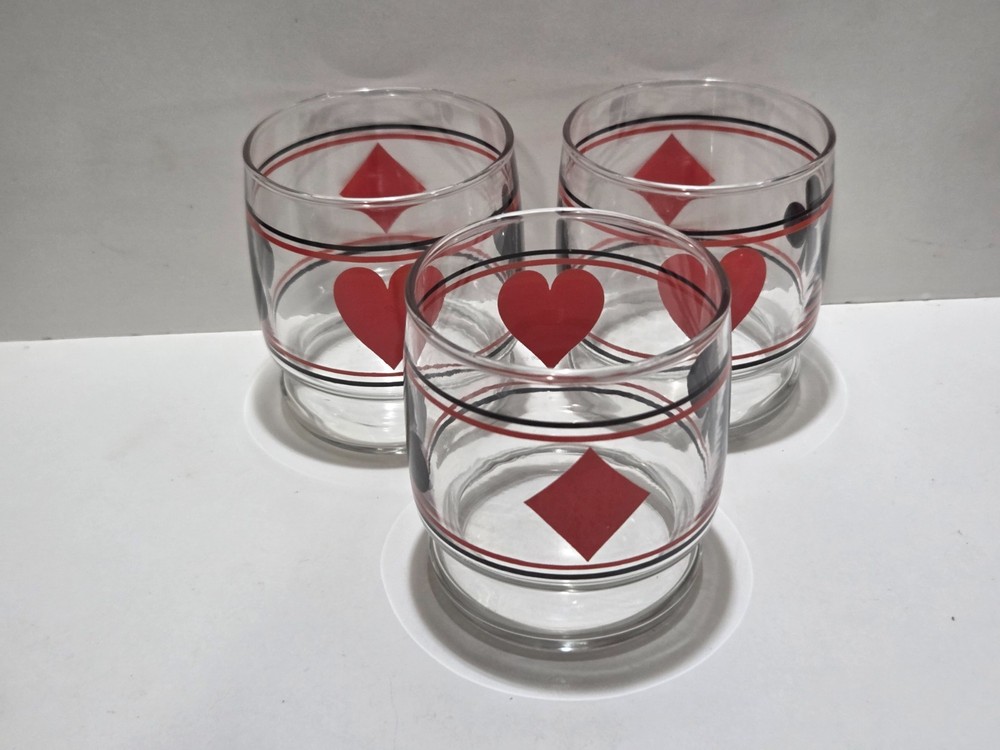 MCM Drinking Glasses Poker Night Bridge Hearts Spades Clubs Diamonds Set Of 3