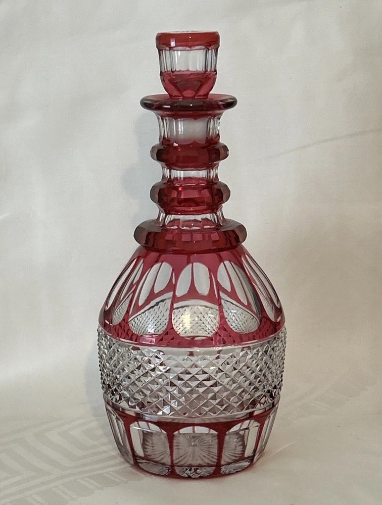 Cranberry Red Cut To Clear Vintage Glass Decanter Blarney Notches Diamonds