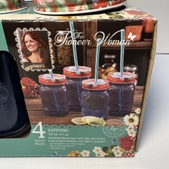 The Pioneer Woman Sapphire Blue Mason Jar Glasses Set of 4 Butterfly Embossed