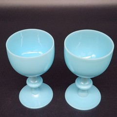 Set of 2 Blue Opaline PV Glass Goblets 4.5″T French 1930’s Portieux Vallerysthal