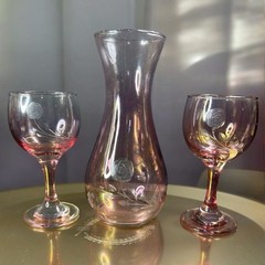 Vtg-Cranberry Glass Wine Carafe W/ Matching Wine Glasses- Etched Rose-iridescent