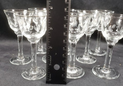 9 Etched Crystal Stemware CORDIAL GLASSES Floral Leaves Geometric Etched Base
