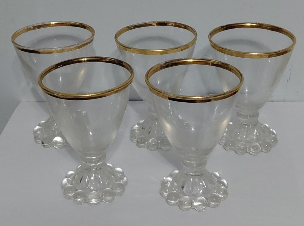 Gold Rim Stemware • Clear Pressed Glass • Knobbed Foot set of 5