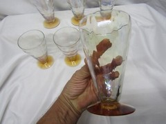 Fostoria Iridescent Loop Optic Glass Amber Stem Iced Tea Glass 5 1/2″ Tall