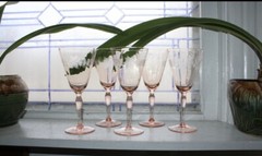 Nine 1930 Pink Art Deco Depression Etched Wine Glasses