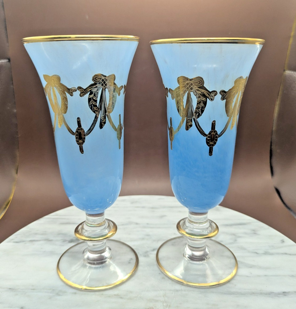Interglass Italy Medici 24K Set Of 2 Goblets Turquoise Blue 7.5″ Alabaster RARE