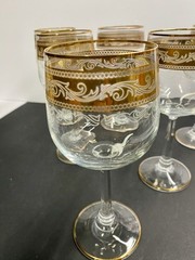 Set Of 6 Vtg Stolzle Crystal Wine Goblet Gold Trim Band White Scroll Stemware