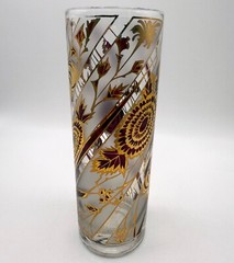 1 Vintage MCM Culver 22k Cranberry Gold Gillt Chrysanthemum Highball Glass Signd