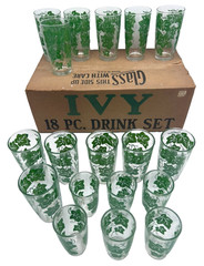 Vintage Green Ivy Clear Drinking Glass Set 18 Unmarked 3 Sizes Tumbler Glasses