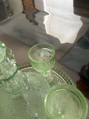 Vtg 70s Indiana Tiara Wine Decanter 8pc Set Chantilly Green Sandwich Glass Mint