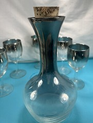 Vintage 1950s Mid Century Modern Wine Decanter & 5 Glasses Silver Lusterware